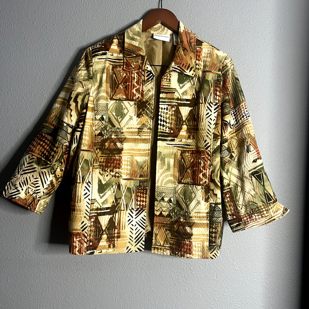 Alfred Dunner Womens 12 Blazer Autumn Colors Geometric‎ Print Lined Open Blazer